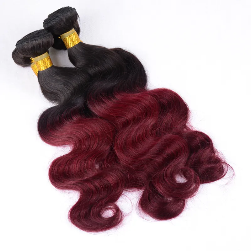 Ombre hair extensions BrazilianVirgin Hair body wave two tone color 1b&99j or 1b/ burgundy 100 Human Hair weave beauty double wefts