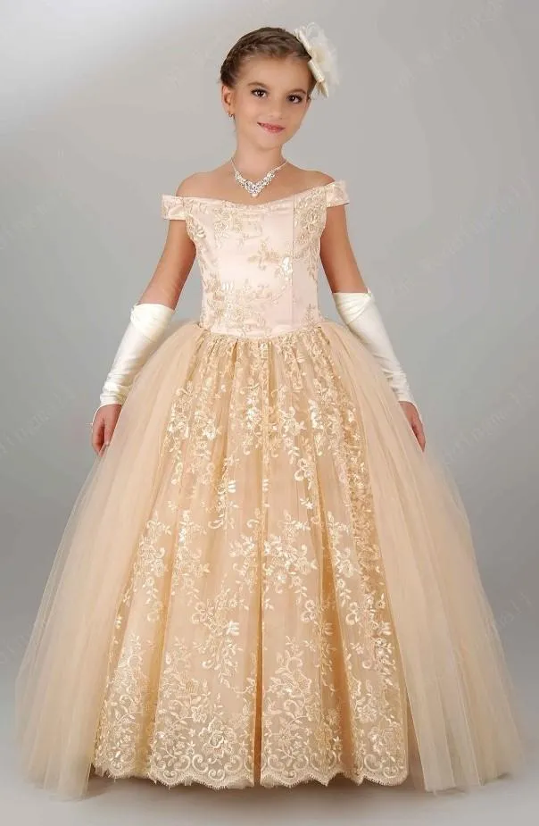 2016 New Cheap Champagne Girls Pageant Dresses Teens Off Shoulder Lace Tulle Long Ball Gown Kids Flower Girls Dress Birthday Communion Gowns