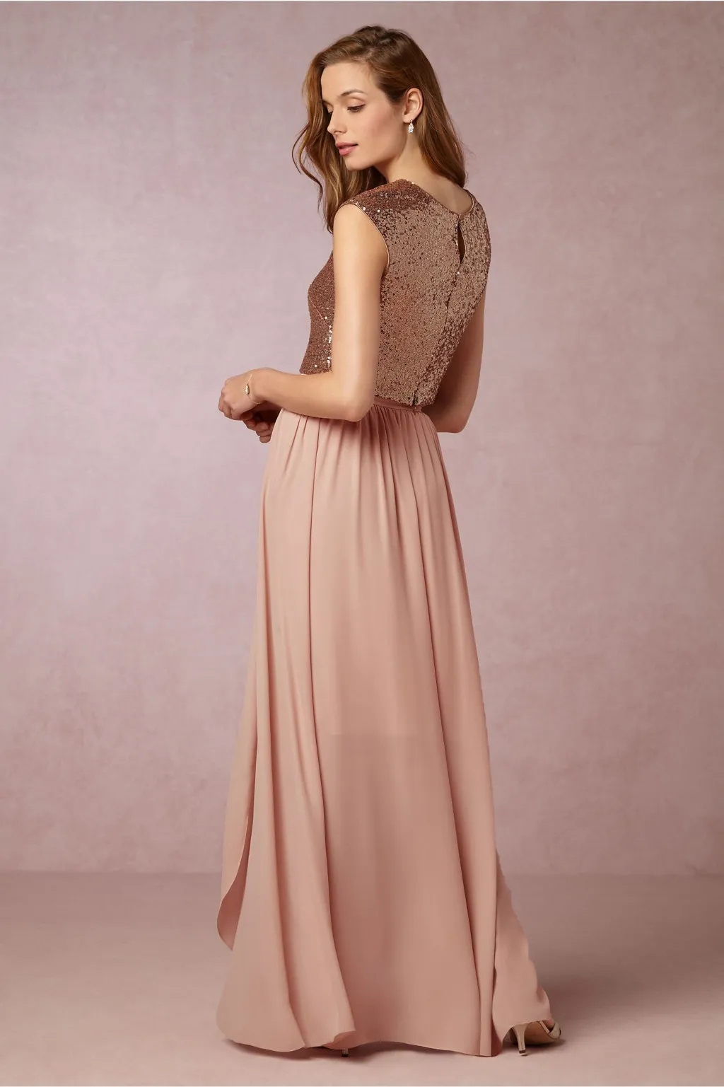 Bhldn Two Pieces Sequins Country Bridesmaid Dresses Cheap Jewel Neck Cap Sleeve Sweep Train Plus Size Long Bridesmaid Dress