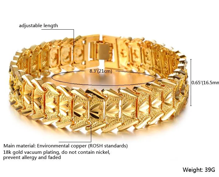 Modeschmuck, luxuriöses 24-Karat-Gelbgold vergoldetes Herren-Kettenarmband, breite Manschette, klobige Gliederkette, attraktives Accessoire326I