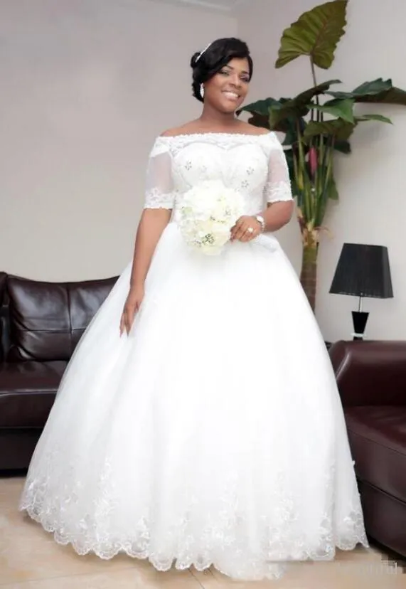 Nigeria Lace Off Shoulder Wedding Dresses Sheer Half Sleeves Beaded Lace Up Plus Size Bridal Gowns A Line African Wedding Vestidos