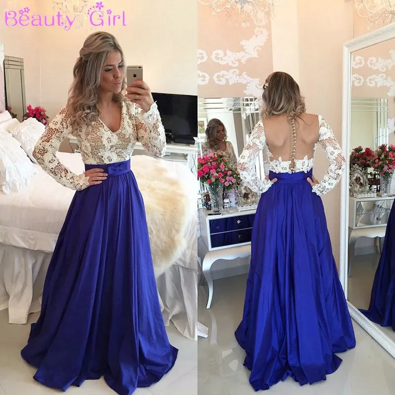 Beautiful Lace Chiffon Prom Dresses Long Sleeves V Neck Sheer Backless with Buttons Long Evening Formal Party Gowns Plus Size