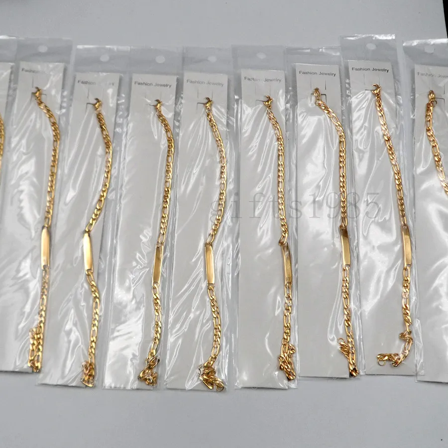 Ganze 10 Stück ID-Armbänder Edelstahl goldene Figaro-Kette273o