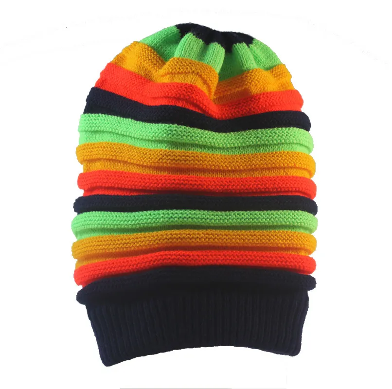 Mode unisex elastische reggae gebreide muts schedelhoed regenboog gestreepte motorkap hoeden slouchy lente gorro caps voor mannen en vrouwen2946