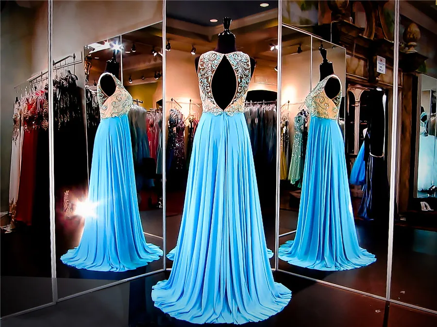 Aqua Chiffon Prom Dress Beaded High Neckline Keyhole Back Sleeveless Sheer Evening Dress Crystals Pageant Dresses