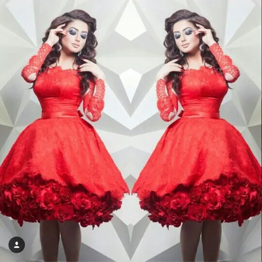 Kırmızı Kokteyl Elbiseleri 2016 vestido de festa 3D El Yapımı Gül Çiçekler Sheer Çıplak Tül Ekip Boyun Çizgisi Dantel Uzun Kollu Kısa Balo törenlerinde