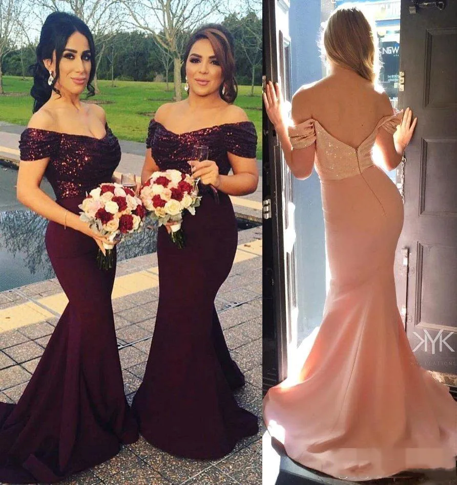 Luxury Dark Burgundy Off Shoulder Prom Dresses Short Sleeves Mermaid Style Sequins Long Bridesmaid Dresses Back Zipper Formal Party Gowns