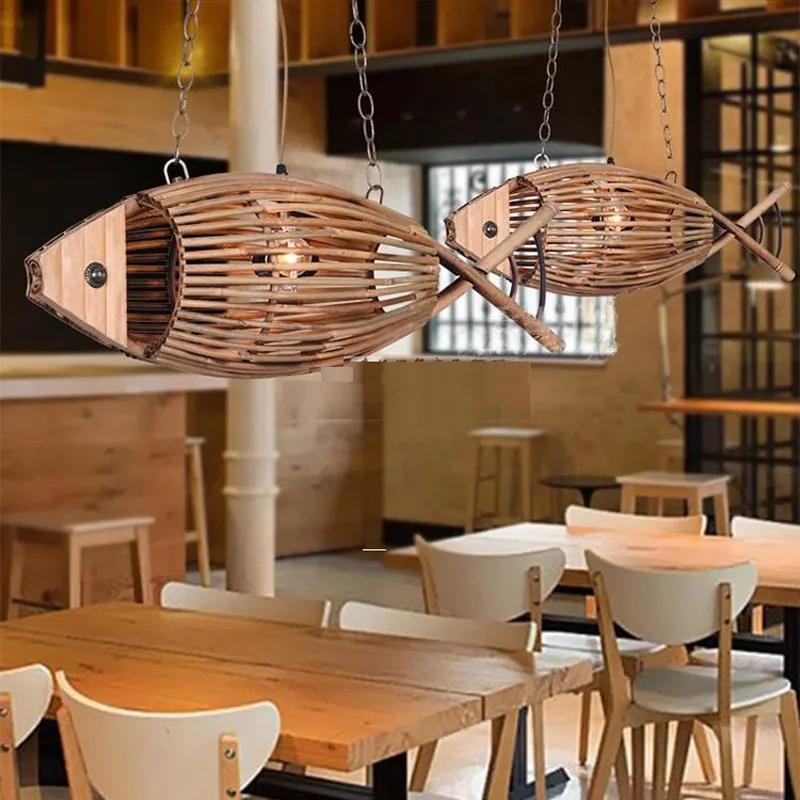 Bamboo Wood Fish Pendant Light Originality Dining Room Hanging Lamp Retro Rural Restaurant Cafe Bar Lighting Fixtures Personality 324Z