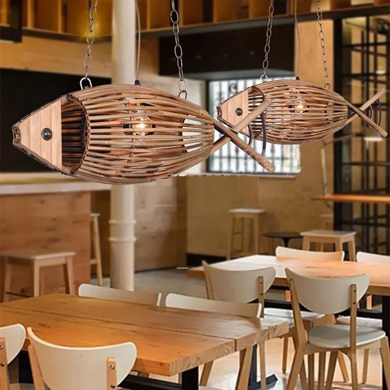 Bambusowa drewniana ryba wisząca światło oryginalność jadalnia wisząca lampa retro wiejska restauracja