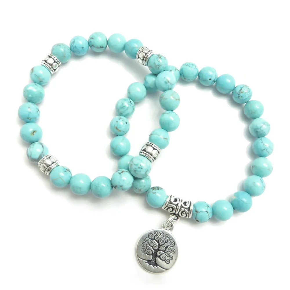 SN0643 Tree of Life Jewelry Yoga Mala Bracelet Turquoise Healing Protection Elastic Beaded Stacking Bracelet Spiritual Jewelry2253