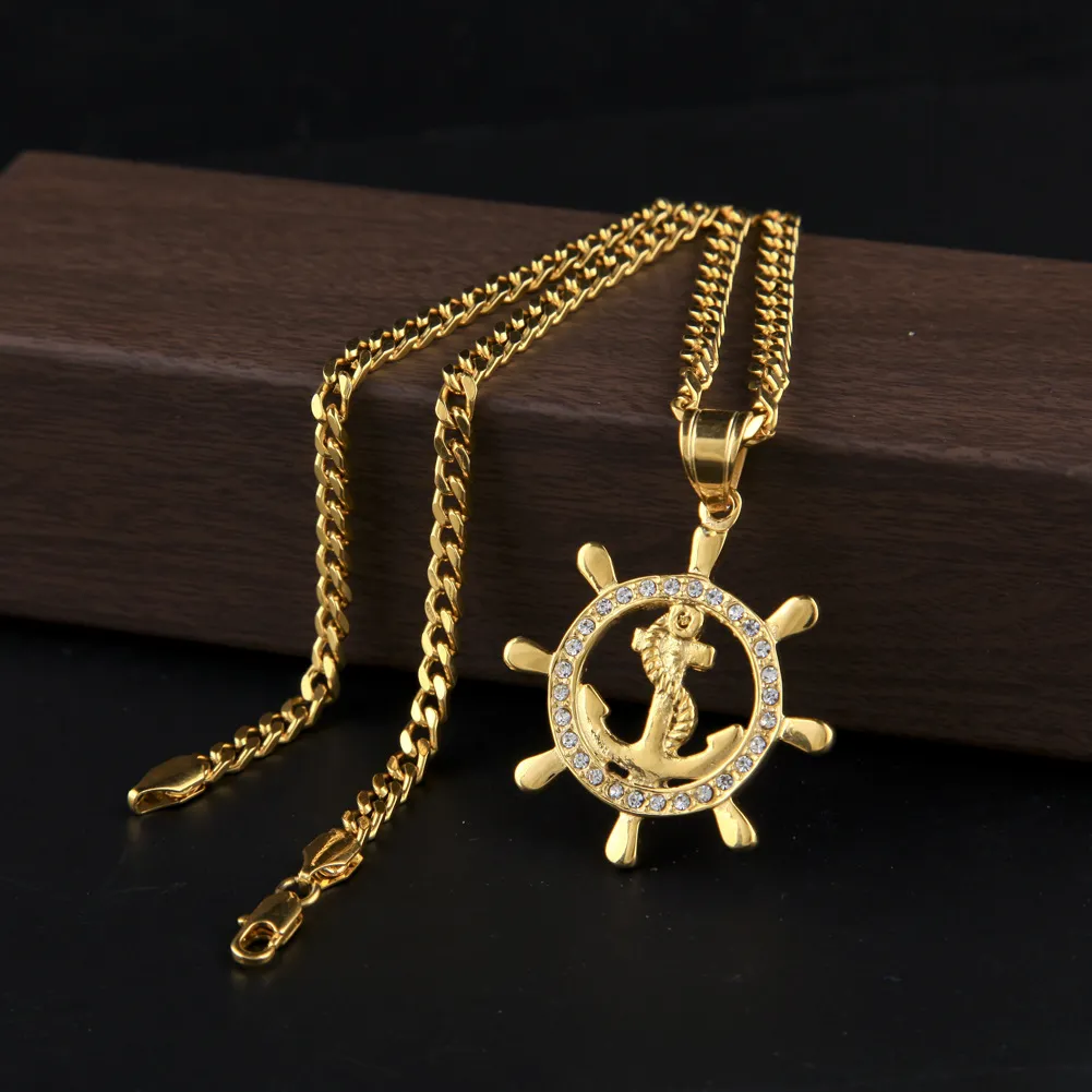 Stainless Steel Round Anchor Pendant 24K Gold Lced Out Bling Rhinestone Punk Necklace Long Cuban Chain Men Women HipHop Jewelry281N
