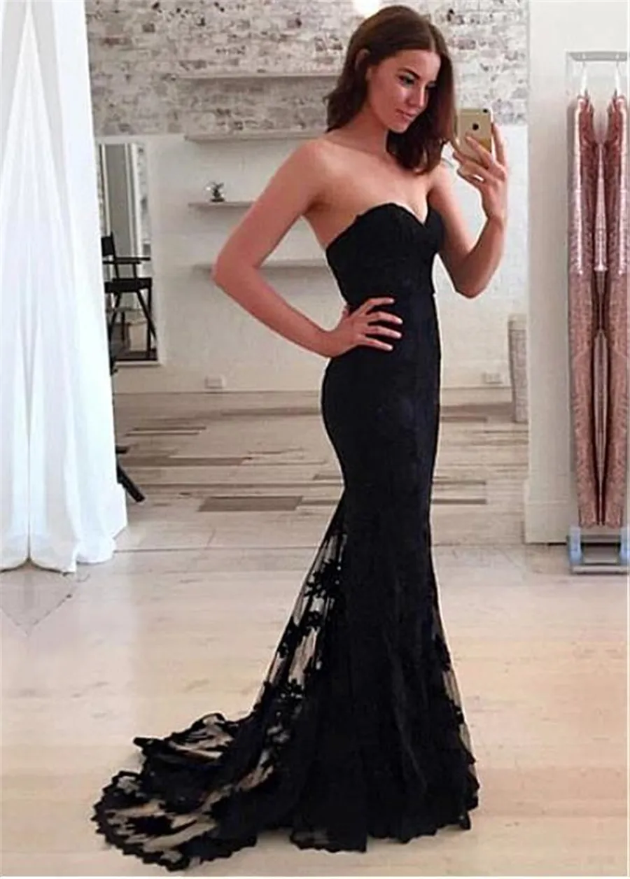 Tulle Sweetheart Neckline Mermaid Evening Dresses With Lace Appliques Black Applique Lace Prom Dress vestidos de fiesta tallas grandes