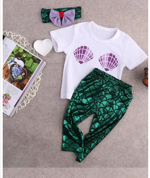 2016 Summer Baby Girl Clothing Sets Infant Short Sleeve T-shirt Tops + Mermaid Long Pants +Hair Band Toddler Outfits Kids Suit For 0-2Y