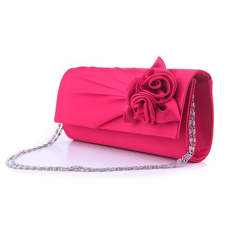 Mulheres cetim dama de honra saco de casamento rosa flor ruched embreagem bolsa banquete festa à noite bolsas com chain237i