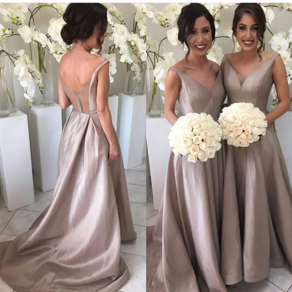 Cheap African Long A Line Bridesmaid Dresses V Neck Illusion Wedding Guest Wear Sweep Train Sheer Back Party Plus Size Maid of Honor Gowns