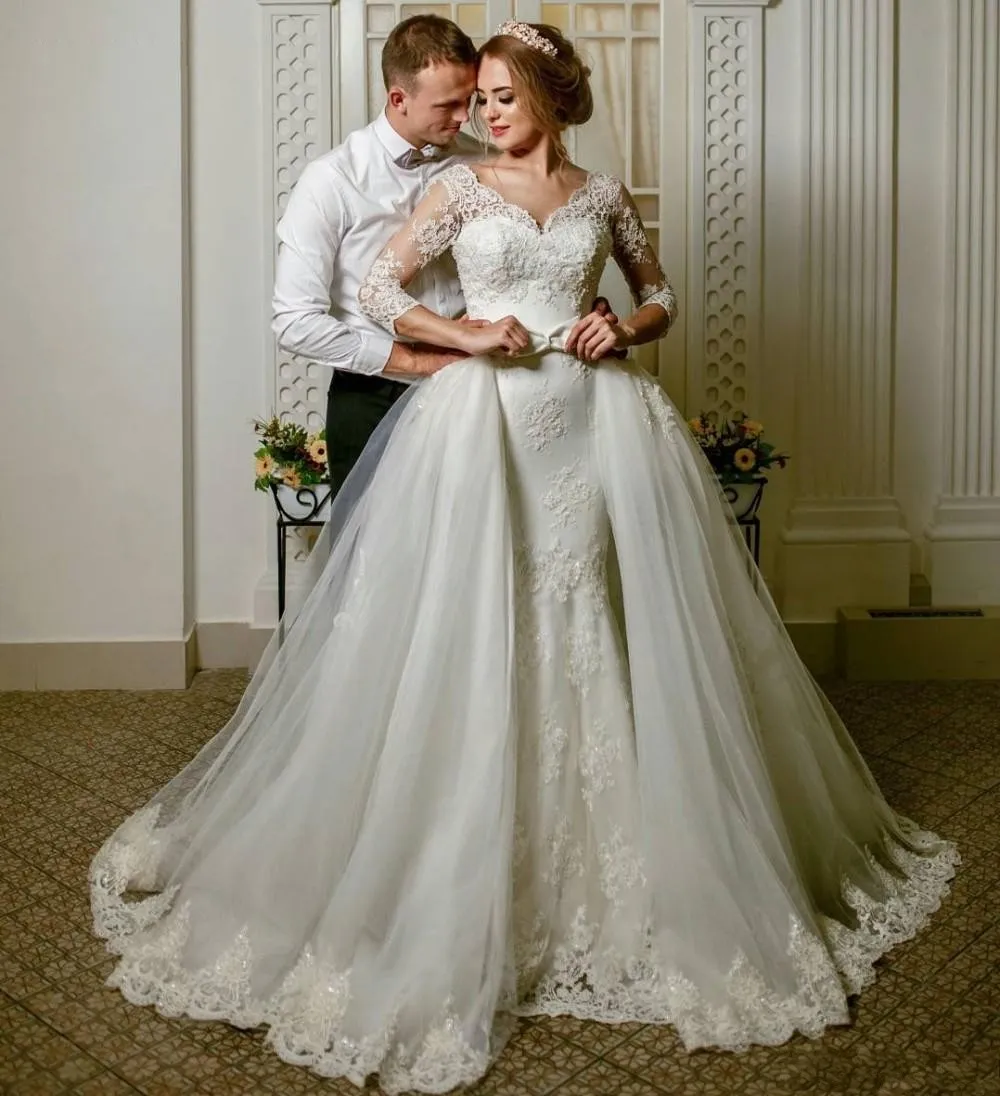 2017 Mermaid Wedding Dresses Sweetheart Three Quarter Sleeves Lace Appliques Beaded Illusion Bow Detachable Skirt Custom Formal Bridal Gowns