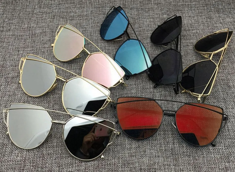 Lente plana das mulheres espelhada Metal Frame óculos Oversized Cat Eye Sunglasses Novo