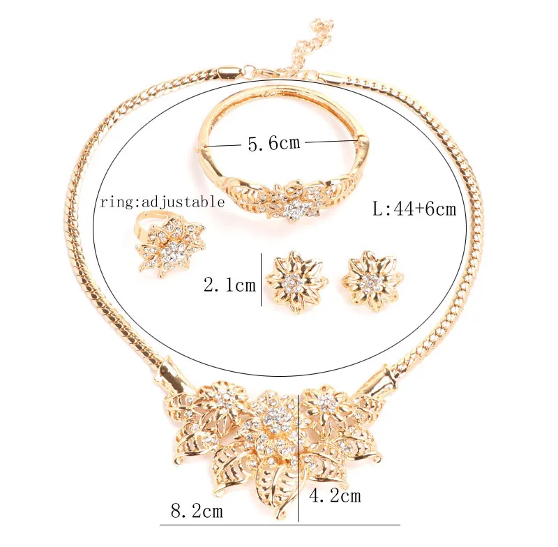 Fashion Classic Wedding Jewelry African Bead Set Necklace Bracelet Earrings Ring Gold Plated Crystal Jewelry Sets