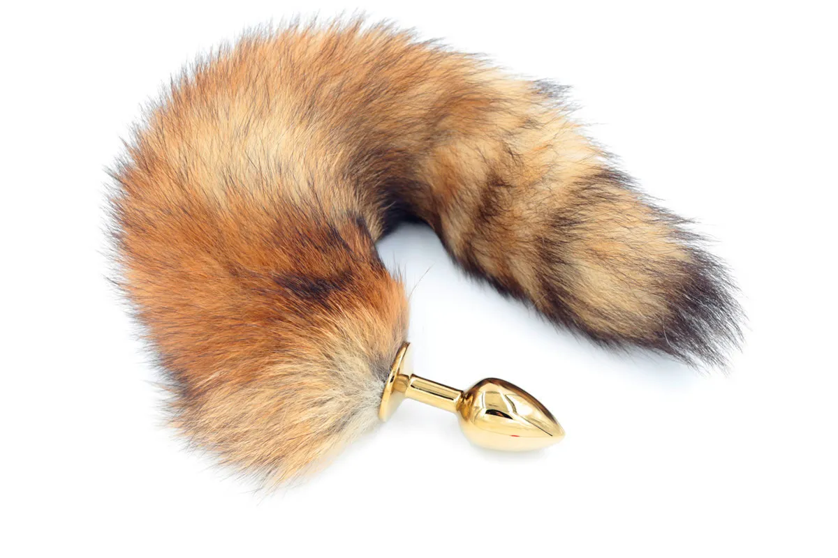 Red Fox Tail Butt Anal fiş 35 cm uzun Gerçek Fox kuyrukları Altın Metal Anal Seks Oyuncak 2.8 * 7.5 cm