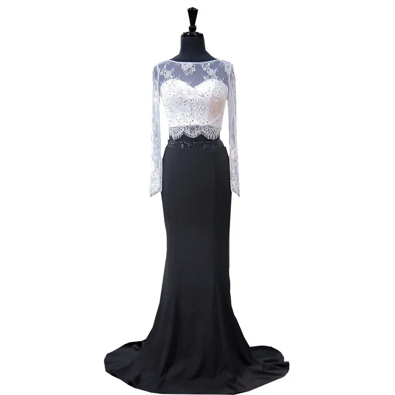 Sexy Black And White Evening Formal Gowns With Illusion Lace Long Sleeves Beaded Mermaid Satin Sheer Neck Cheap Prom Pageant Dress Gowns