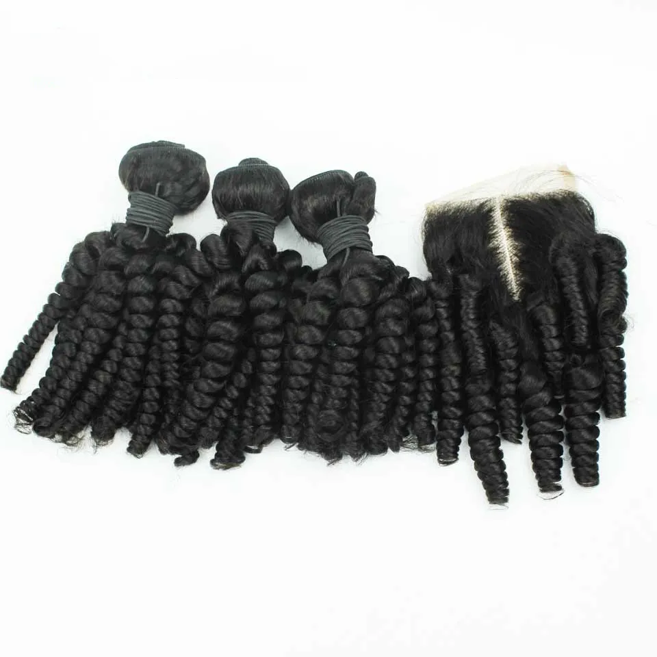 9A Virgin Peruvian Funmi Hair 3Bundles With 4x4 Lace Closure Peruvian Aunty Funmi Human Hair With Closure Romance Curls