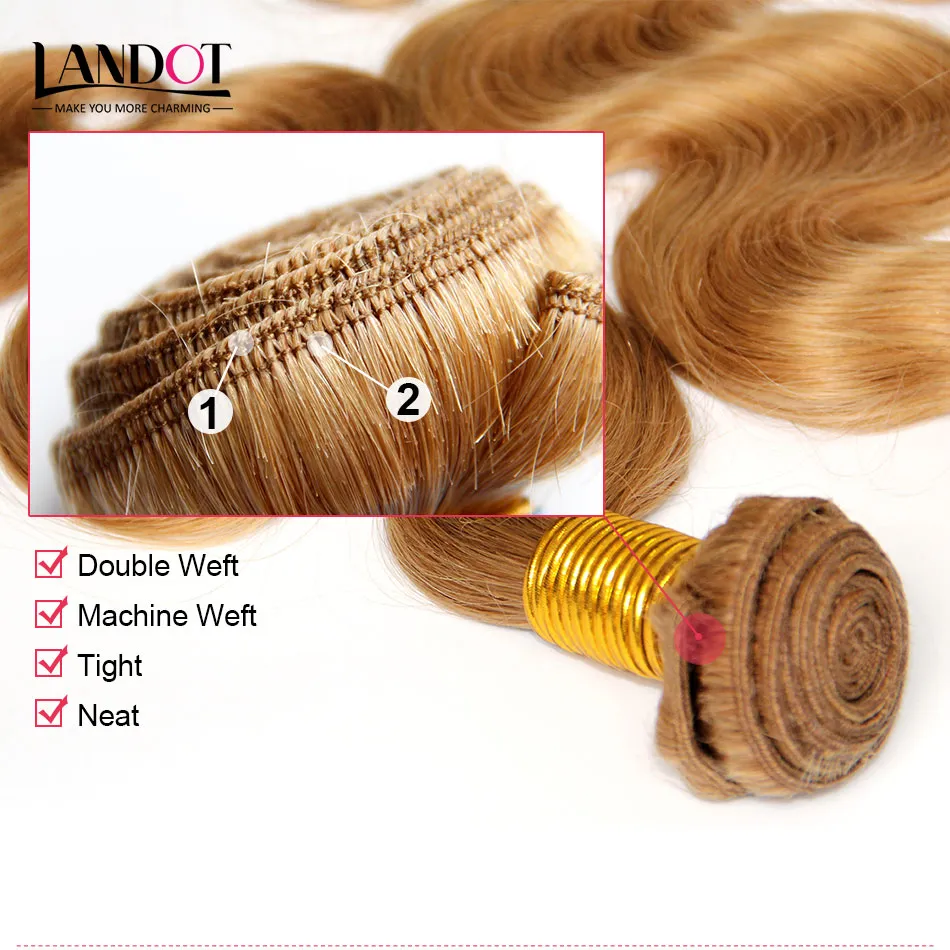 Honey Blonde Indian Body Wave Virgin Human Hair Extensions Color 27 Indian Hair Indian Wavy Hair Weave Bundles Double Drawn Weft