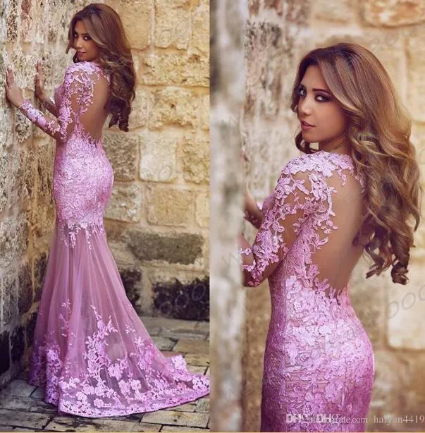 Cheap Arabic Muslim Fuchsia Lace Prom Dresses Myriam Fares Dress See through Mermaid Evening Dress Wear Sheer Back Long Sleeves Party Gowns