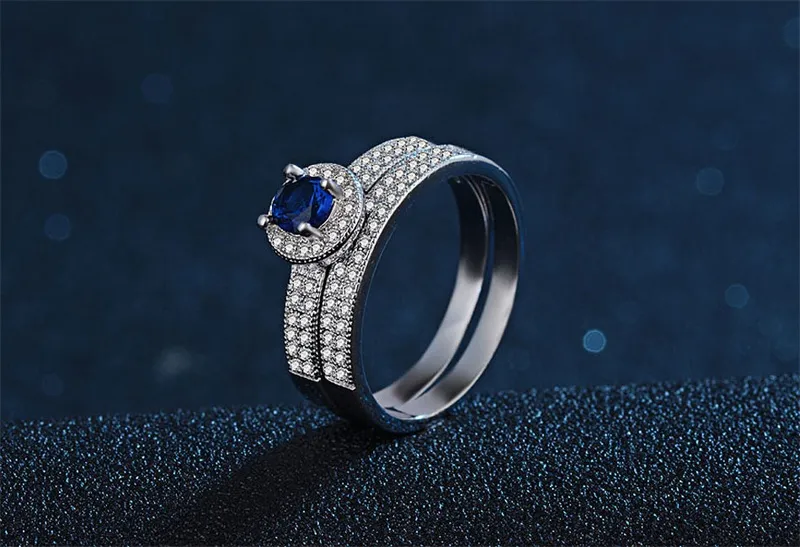 Yhamni conjunto de anéis de noivado de prata pura original redondo branco azul cz diamante conjunto de anéis de casamento para mulheres KENR042239b