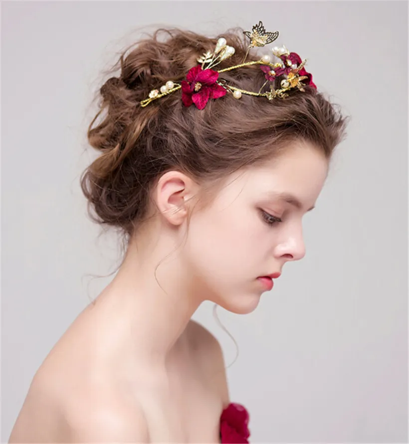 Vintage Mariage Bridal Tiara Bourgogne Fleur Crown Crown Bandeau Strass Hair Accessoires Bijoux Headpiece Bijoux Bande de coiffe de fête Rose Party