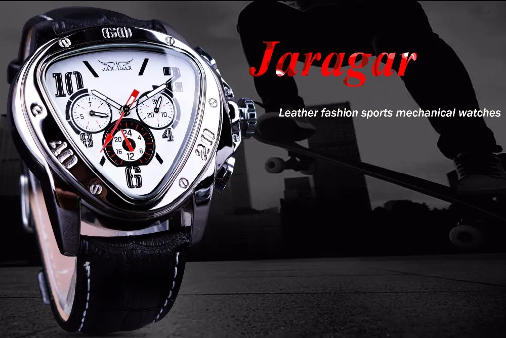 Jaragar Sport Fashion Design Orologi da uomo Top Brand di lusso Orologio automatico Triangolo 3 quadrante Display Cinturino in vera pelle Orologio244W