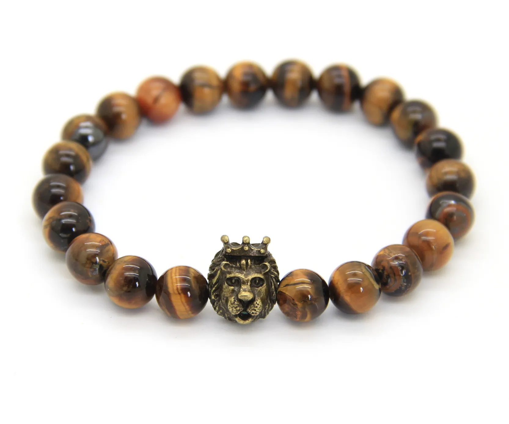 2016 новый дизайн мужские браслеты цельные 8 мм натуральный тигровый глаз камень бусины с короной голова льва браслеты подарок для вечеринкиBracele231u