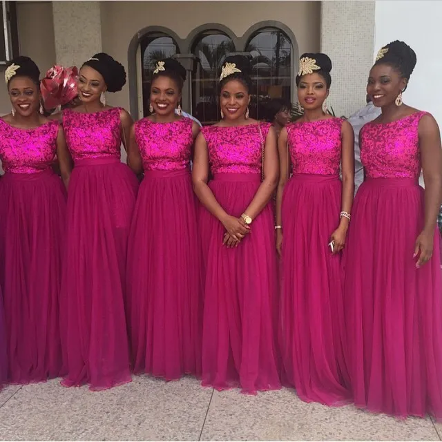 Cheap Fuchsia A-Line Bridesmaids Dresses Bateau Neck Black Girl Sequined Wedding Guest Dress Floor Length Tulle Maid Of Honor Gowns