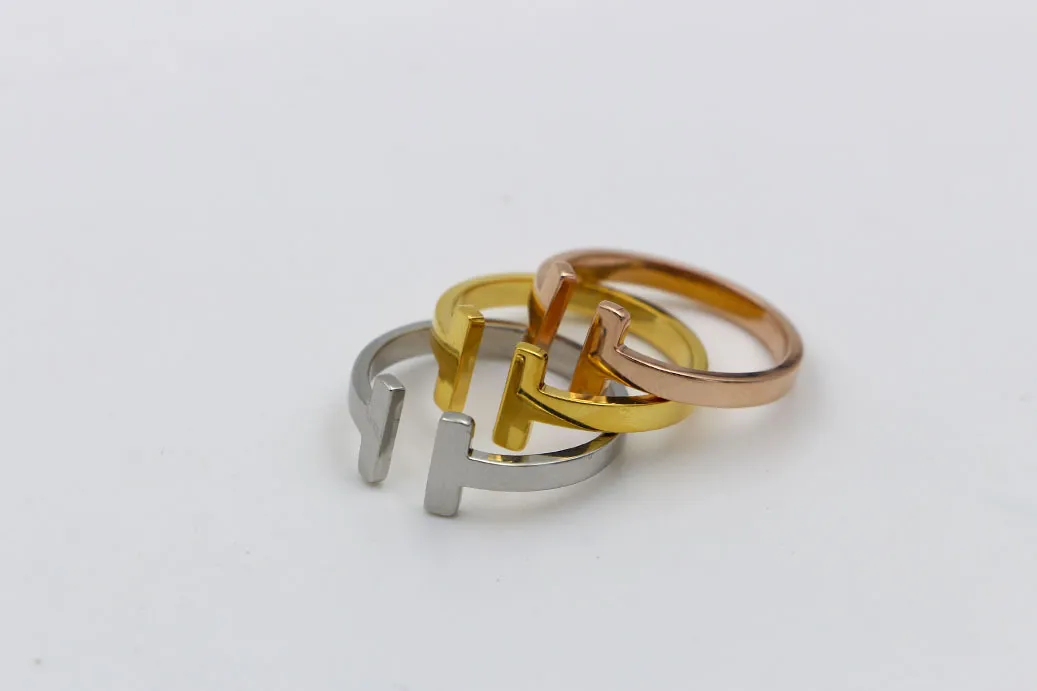 New arrive 316L Stainless Steel fashion double T ring Jewelry for woman man lover rings 18K Gold-color rose Jewelry Bijoux no have any letter
