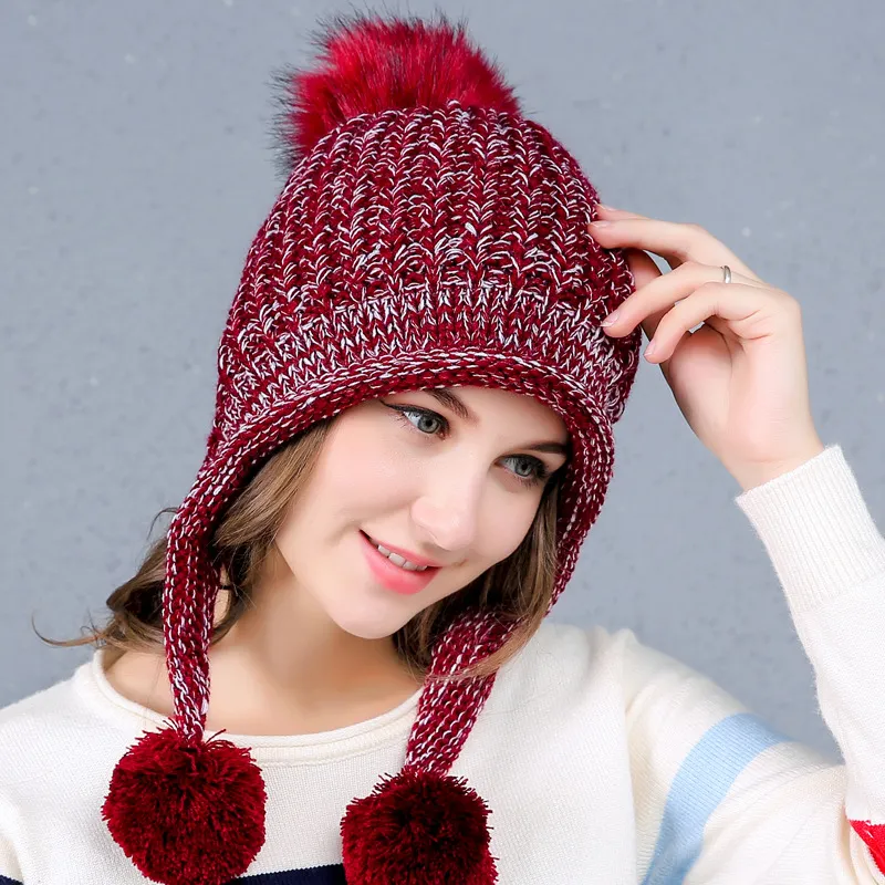Zimowa dzianina kapelusz dla kobiet wełniana mieszanki wełny miękkie ciepłe czapki z nausznikami piękne damskie czapki gorro z aksamitnym GH-2542601