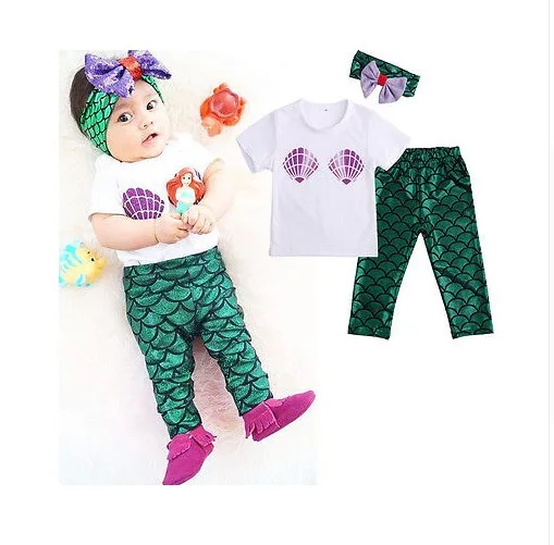 2016 Summer Baby Girl Clothing Sets Infant Short Sleeve T-shirt Tops + Mermaid Long Pants +Hair Band Toddler Outfits Kids Suit For 0-2Y