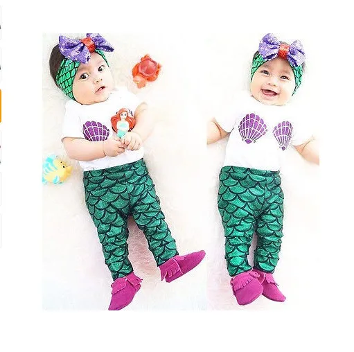 2016 Summer Baby Girl Clothing Sets Infant Short Sleeve T-shirt Tops + Mermaid Long Pants +Hair Band Toddler Outfits Kids Suit For 0-2Y