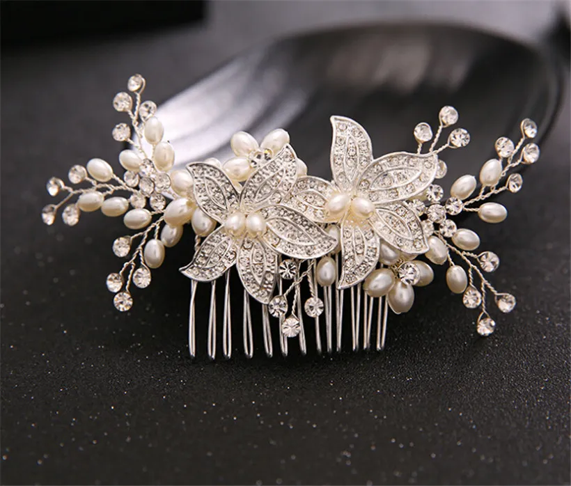 Vintage Wedding Bridal Hair Comb Headpiece Silver Crystal Rhinestone Hair Accessories Flower Pearl Jewelry Headband Crown Tiara Pr271M