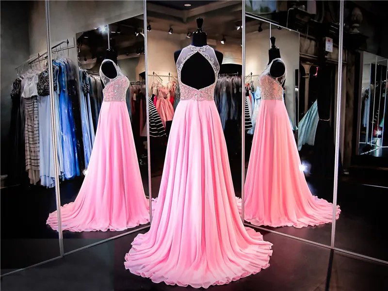 O-neckline Bubblegum Chiffon Hand Beading Prom Dress A-line Open Back Crystals Evening Dress Pageant Dresses party dress