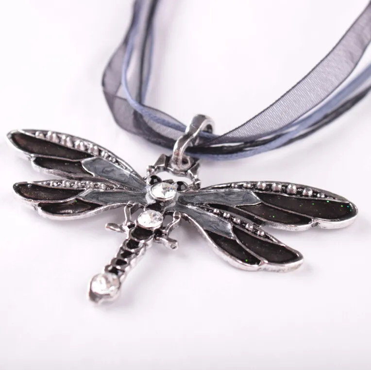 Vintage Dragonfly Crystal Pendant Necklace Lace String Necklace Women Statement Necklaces Bronze Retro Jewelry