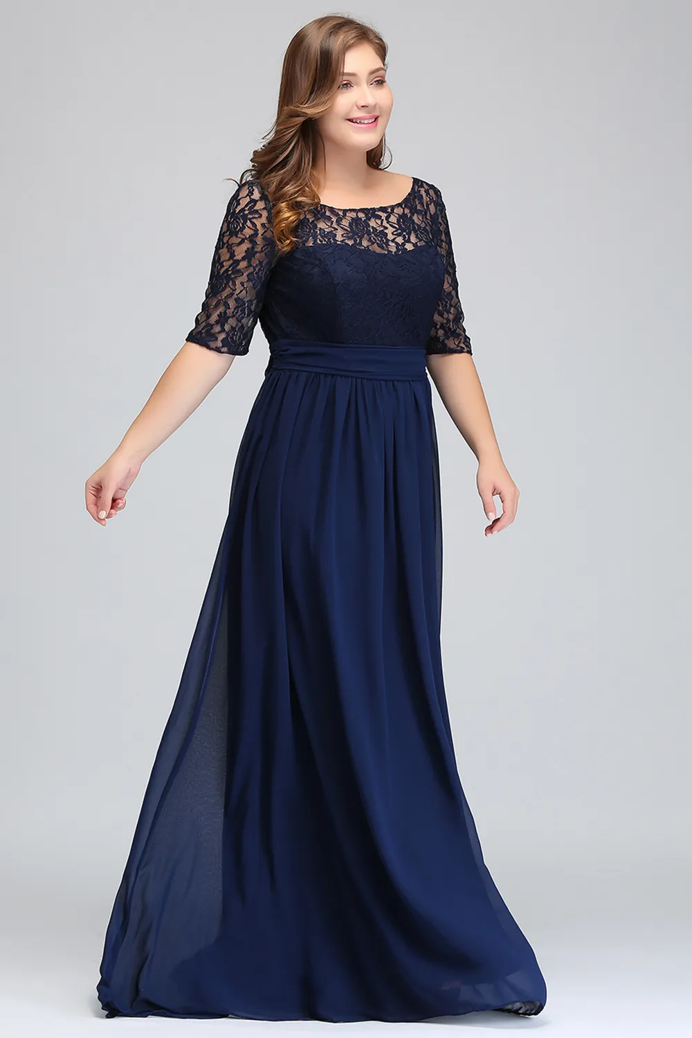 Dark Navy Black Burgundy Half Long Sleeves Plus Size Prom Dresses Lace Top A Line Chiffon V Back Mother of Bride Dresses Cheap Gowns CP 304E