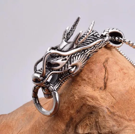 Punk Style Casting Biker dragon head Pendant High Quality Silver stainless steel Gothic Necklace with Free Box chain 3mm 24''