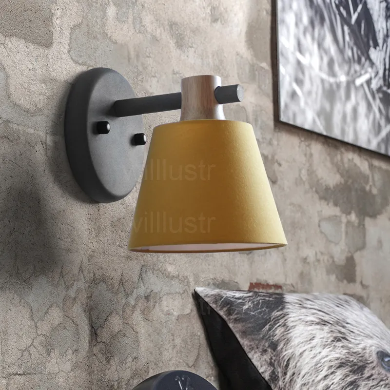 WillLustr wall lamp sconce color fabric shade oak wood iron arm wall sconce bedside kitchen sofa side el restaurant light yello270e