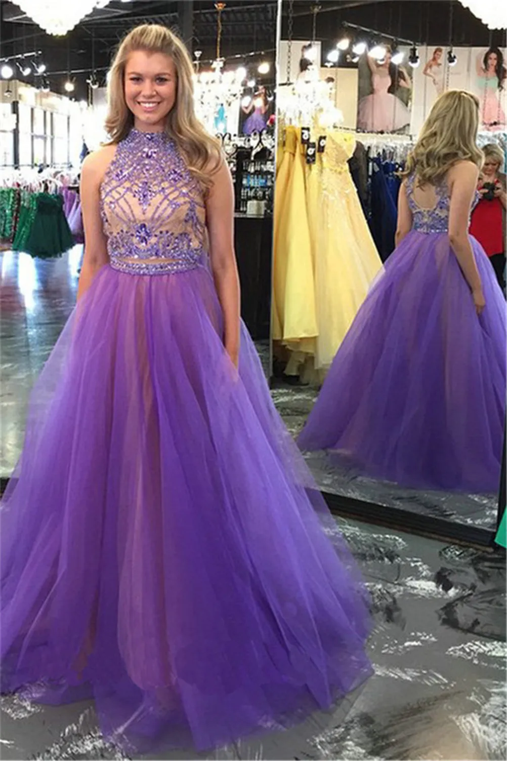 Glamorous High Neck Beadings Tulle Evening Dress Two Piece Hand Crystals Two Pieces Prom Dress graduation dress patterns