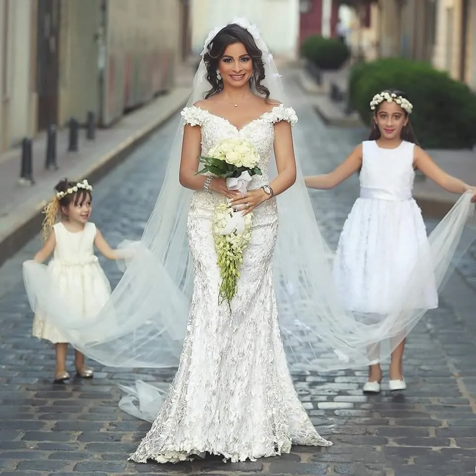 2017 Arabic Mermaid Wedding Dresses V Neck Cap Sleeves Full Lace 3D Floral Beaded Sweep Train Said Mhamad Plus Size Formal Bridal Dress