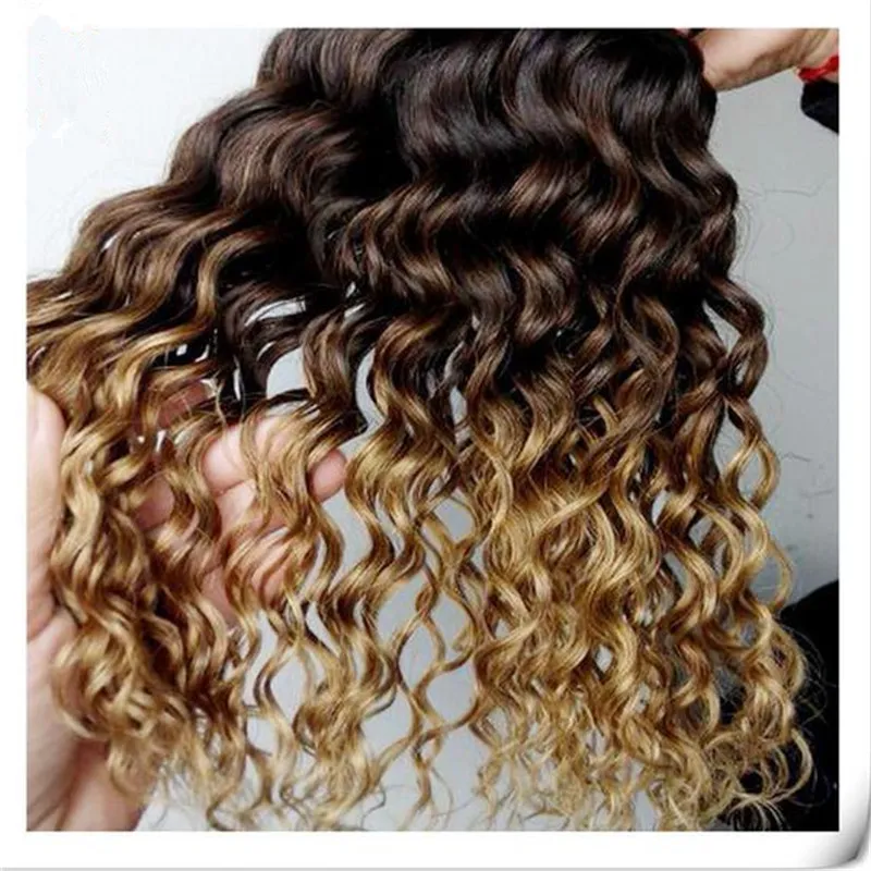 Peruvian Deep Curly Wave 1B/4/27 Honey Blonde Ombre Human Hair Three Tone Human Hair Weave Cheap Peruvian Human Hair Bundles