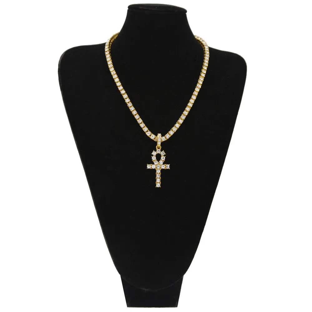 Ankh egípcio chave colares masculino bling banhado a ouro corrente strass cristal cruz gelado para fora pingente para rapper feminino hip ho248a