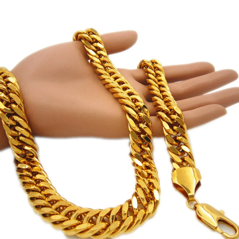 Mens Thick Tight Link 24k Yellow Gold Filled Finish Miami Cuban Link Chain and Bracelet Set 1 0cm wide 24 inches 9 inches287E