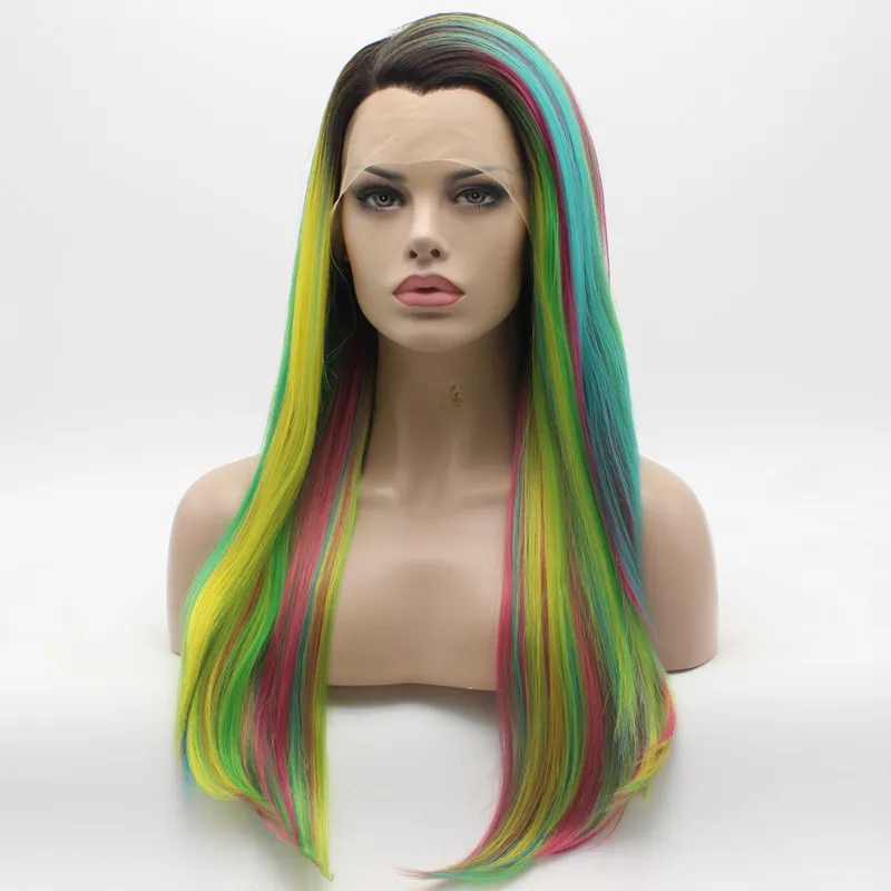 Iwona Hair Straight Long Multi Color Ombre Wig 2#114 Half Hand Tied Heat Resistant Synthetic Lace Front Wigs