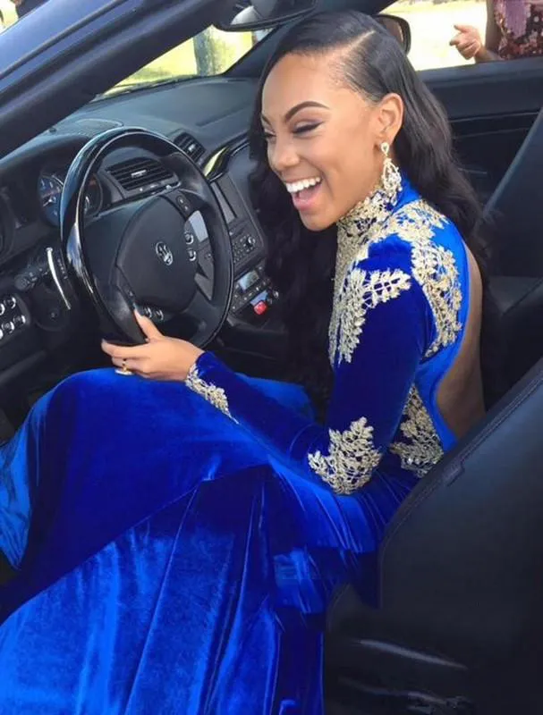 Blue Velvet Evening Dresses With Gold Aplique High Neck Long Sleeves Prom Dresses Mermaid Style Open Back Affrican Formal Party Gowns 2017