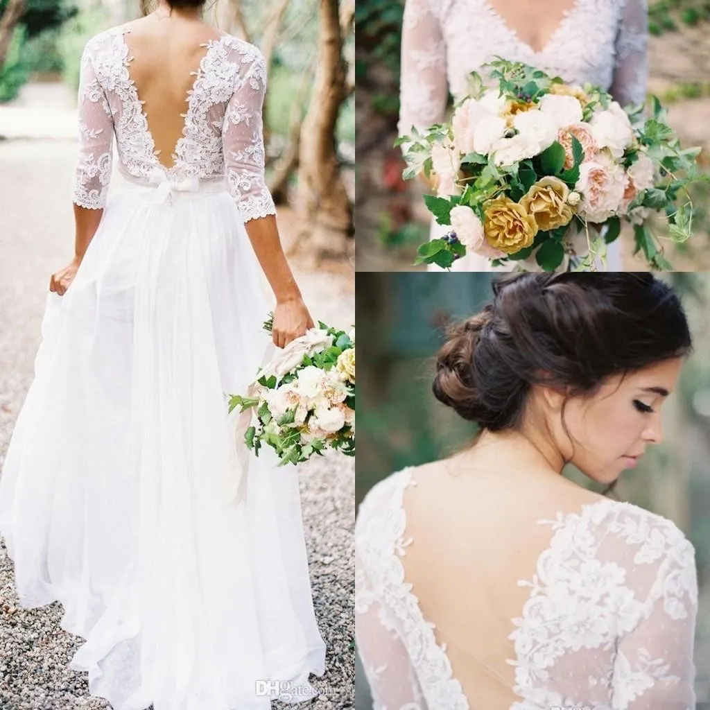 New Bohemian Wedding Dresses Lace Chiffon Dresses V neck 3/4 Long Sleeves A-line Sheer Back Plus Size Formal Summer Bridal Wedding Dresses